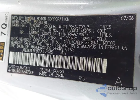 2007 Toyota Fj Cruiser z USA, uszkodzony, nr VIN JTEBU11F870033985